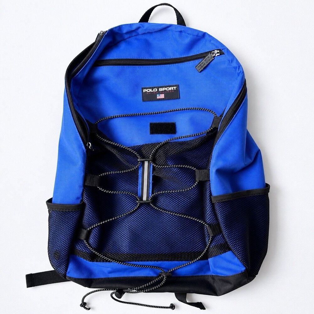 Vintage Polo Sport Ralph Lauren Blue Backpack Book Bag Y2K Mesh Hiking School